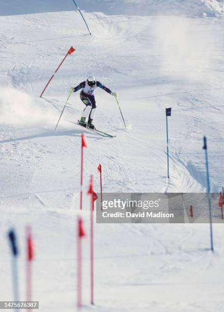 Jonas Nilsson of Sweden competes in the Men's Slalom skiing event of the 1992 Winter Olympic Games on February 22, 1992 at Les Menuires near...