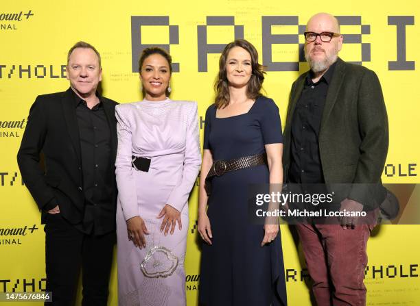 Kiefer Sutherland, Meta Golding, Enid Graham and John Requa attend Paramount+'s "Rabbit Hole" New York Screening at Spyscape Museum & Experience on...