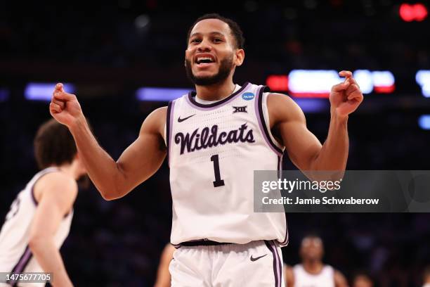 Markquis Nowell of the Kansas State Wildcats reacts during the second half of the game against the Michigan State Spartans during the Sweet Sixteen...