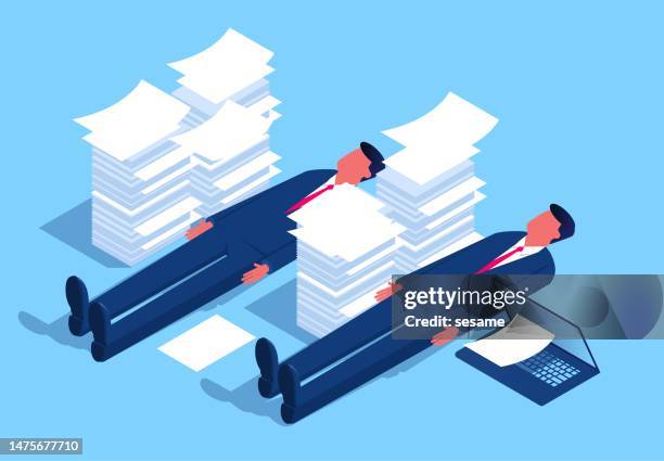 not wanting to work, losing motivation to work, life, career or business compromises, giving up with disappointment, unemployment or overload work stress, negative emotions, isometric two businessmen lying next to a file - busy life stock illustrations