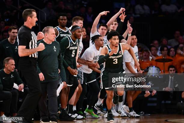 Jaden Akins of the Michigan State Spartans reacts after making a three pointer during the second half of the game against the Kansas State Wildcats...