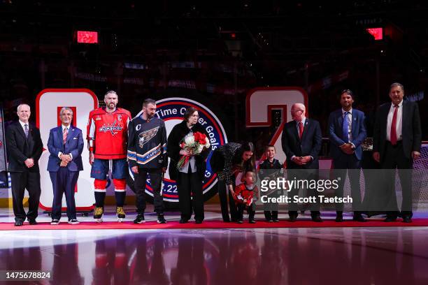 Alex Ovechkin of the Washington Capitals is honored during a pre-game ceremony for passing Gordie Howe for second place on the NHL's goal scoring...