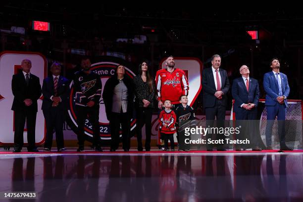 Alex Ovechkin of the Washington Capitals is honored during a pre-game ceremony for passing Gordie Howe for second place on the NHL's goal scoring...
