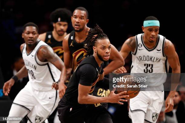 Darius Garland of the Cleveland Cavaliers dribbles during the second half against the Brooklyn Nets at Barclays Center on March 23, 2023 in the...