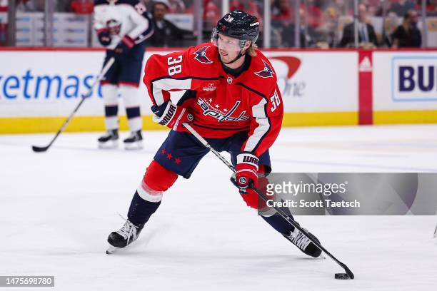 Rasmus Sandin of the Washington Capitals shoots the puck against the Columbus Blue Jackets during the second period of the game at Capital One Arena...