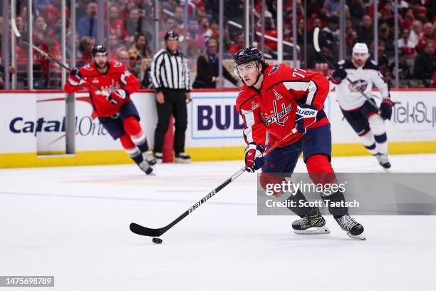 Oshie of the Washington Capitals skates with the puck against the Columbus Blue Jackets during the second period of the game at Capital One Arena on...