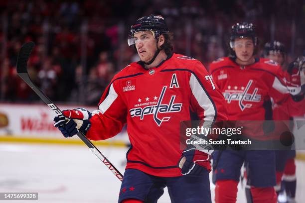 Oshie of the Washington Capitals reacts after scoring a goal against the Columbus Blue Jackets during the first period of the game at Capital One...
