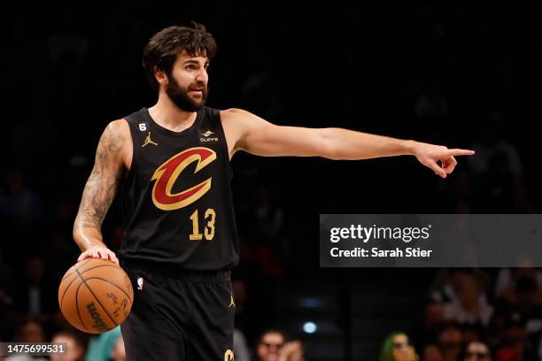 Ricky Rubio of the Cleveland Cavaliers calls a play during the second half against the Brooklyn Nets at Barclays Center on March 23, 2023 in the...