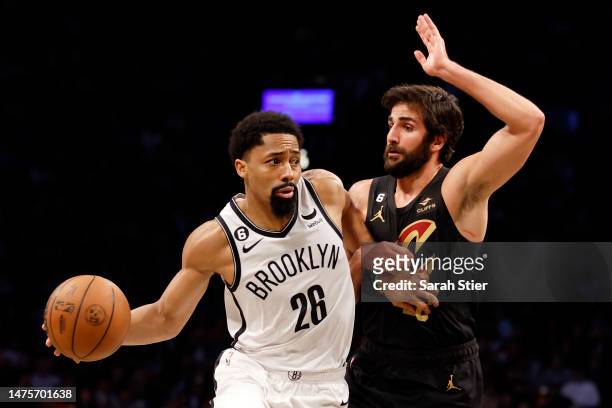 Spencer Dinwiddie of the Brooklyn Nets looks to pass as Ricky Rubio of the Cleveland Cavaliers defends during the first half at Barclays Center on...
