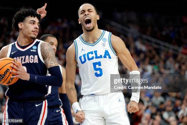 Amari Bailey of the UCLA Bruins reacts to a play during the first half against the Gonzaga Bulldogs in the Sweet 16 round of the NCAA Men's...