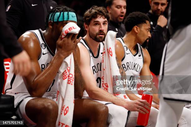 Joe Harris of the Brooklyn Nets looks on during a timeout during the first half against the Cleveland Cavaliers at Barclays Center on March 23, 2023...