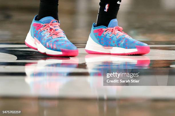 Detail of the Adidas sneakers worn by Donovan Mitchell of the Cleveland Cavaliers during the second half against the Brooklyn Nets at Barclays Center...