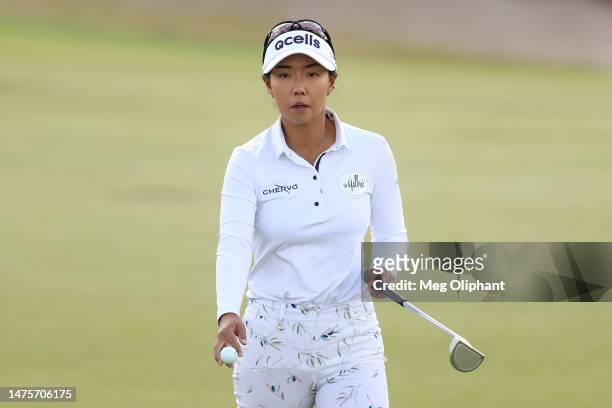 Jenny Shin of Korea reacts on the eighth green during the first round of the LPGA Drive On Championship at Superstition Mountain and Golf Country...