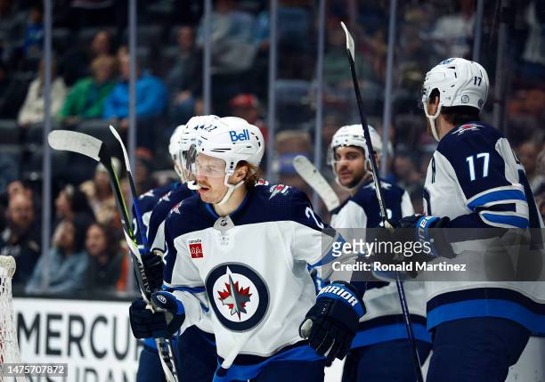 Mason Appleton of the Winnipeg Jets celebrates a goal against the Anaheim Ducks in the first period at Honda Center on March 23, 2023 in Anaheim,...