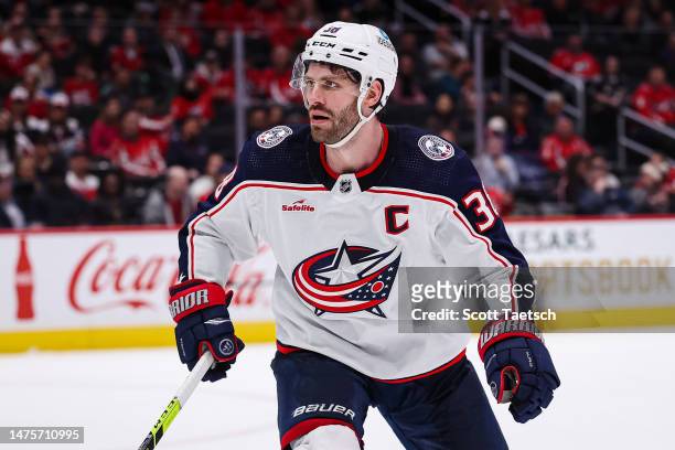 Boone Jenner of the Columbus Blue Jackets skates against the Washington Capitals during the third period of the game at Capital One Arena on March...