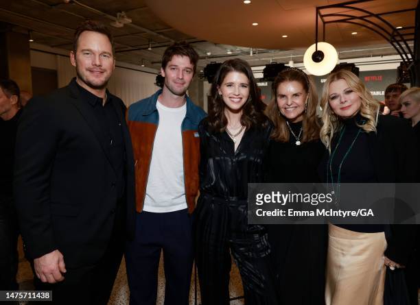 Chris Pratt, Patrick Schwarzenegger, Katherine Schwarzenegger, Maria Shriver and Sheryl Berkoff attend the Los Angeles Premiere of Netflix's...