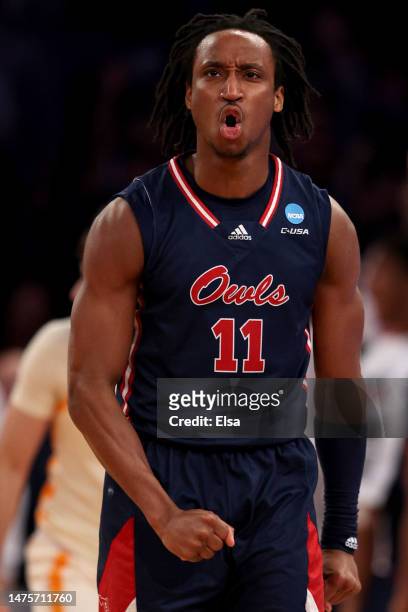 Michael Forrest of the Florida Atlantic Owls celebrates a basket against the Tennessee Volunteers during the second half in the Sweet 16 round game...