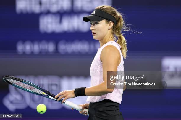 Anna Kalinskaya looks on during a match against Elena Rybakina of Kazakhstan during the Miami Open at Hard Rock Stadium on March 23, 2023 in Miami...