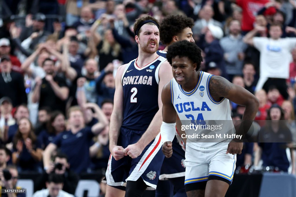Gonzaga Raka Rajendra Drew Timme of the Gonzaga Bulldogs reacts after scoring against the ...