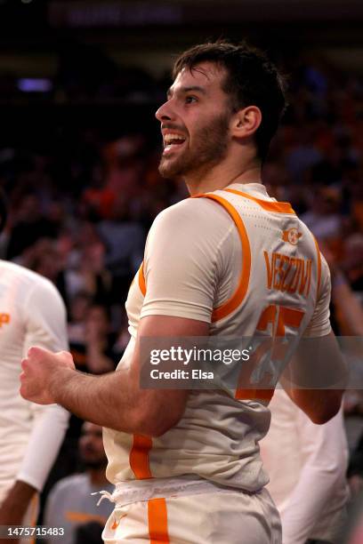 Santiago Vescovi of the Tennessee Volunteers celebrates a basket against the Florida Atlantic Owls during the second half in the Sweet 16 round game...