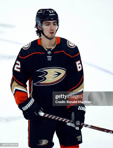 Nikita Nesterenko of the Anaheim Ducks during warm up before a game against the Winnipeg Jets at Honda Center on March 23, 2023 in Anaheim,...
