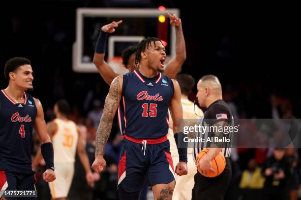 Alijah Martin of the Florida Atlantic Owls celebrates after defeating the Tennessee Volunteers in the Sweet 16 round game of the NCAA Men's...