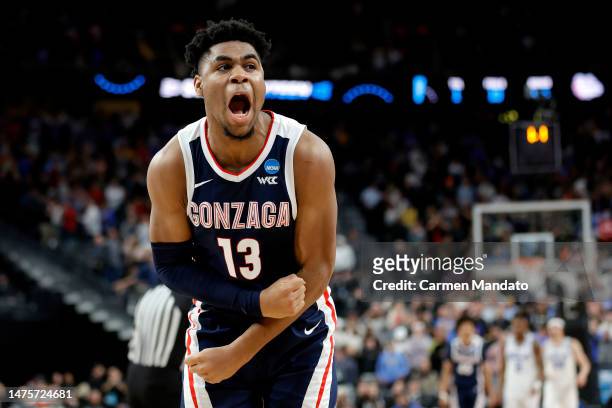 Malachi Smith of the Gonzaga Bulldogs reacts after defeating the UCLA Bruins 79-76 during the Sweet 16 round of the NCAA Men's Basketball Tournament...