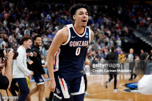 Julian Strawther of the Gonzaga Bulldogs reacts after defeating the UCLA Bruins 79-76 during the Sweet 16 round of the NCAA Men's Basketball...