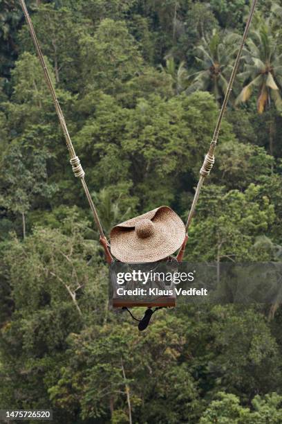 woman swinging against forest during vacation - wonderlust stock-fotos und bilder