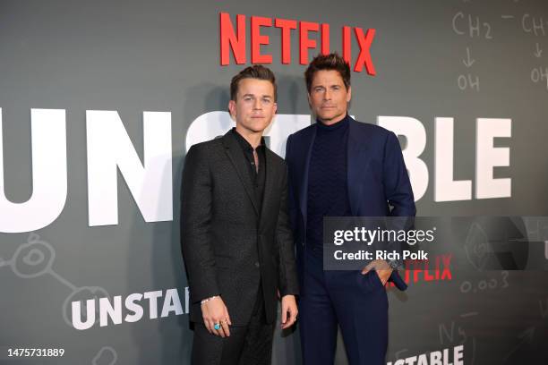 John Owen Lowe and Rob Lowe attend the Netflix Unstable S1 premiere at Netflix Tudum Theater on March 23, 2023 in Los Angeles, California.