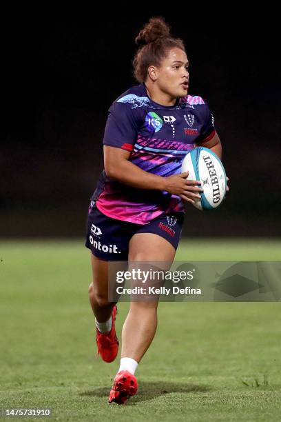 Ashley Marsters of the Rebels runs with the ball during a Melbourne Rebels Women Super W training session at Box Hill Rugby Club, on March 23 in...
