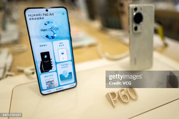 Huawei P60 series smartphones are displayed for sale at a Huawei store on March 23, 2023 in Shaoxing, Zhejiang Province of China.