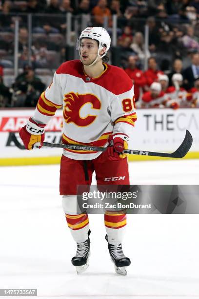 Andrew Mangiapane of the Calgary Flames skates against the Arizona Coyotes at Mullett Arena on March 14, 2023 in Tempe, Arizona.