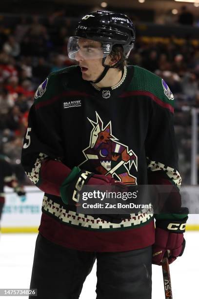 Michael Kesselring of the Arizona Coyotes skates against the Calgary Flames at Mullett Arena on March 14, 2023 in Tempe, Arizona.