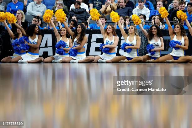 Cheerleaders sit on the sidelines during the second half of the game between the Gonzaga Bulldogs and the UCLA Bruins in the Sweet 16 round of the...