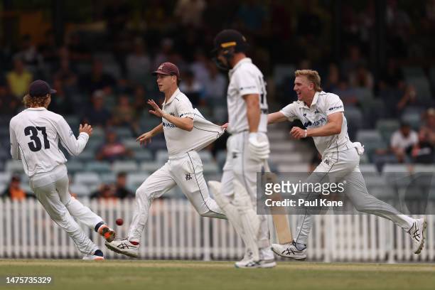Mitch Perry and Will Sutherland of Victoria celebrate the wicket of Hilton Cartwright of Western Australia during the Sheffield Shield Final match...