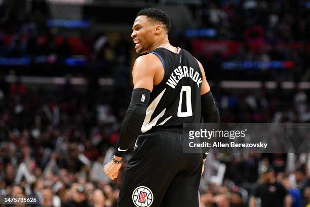 Russell Westbrook of the Los Angeles Clippers celebrates after making a three-point shot during the game against the Oklahoma City Thunder at...