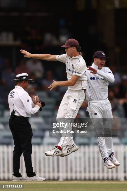 Mitch Perry and Todd Murphy of Victoria celebrate the wicket of Hilton Cartwright of Western Australia during the Sheffield Shield Final match...