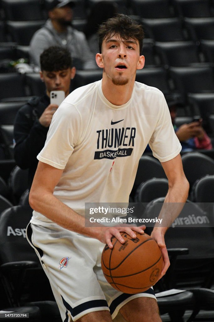 Chet Chet Holmgren of the Oklahoma City Thunder practices prior to a... News ...