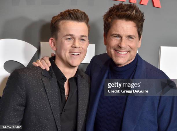 John Owen Lowe and Rob Lowe attend the Los Angeles premiere of Netflix's "Unstable" at TUDUM Theater on March 23, 2023 in Hollywood, California.