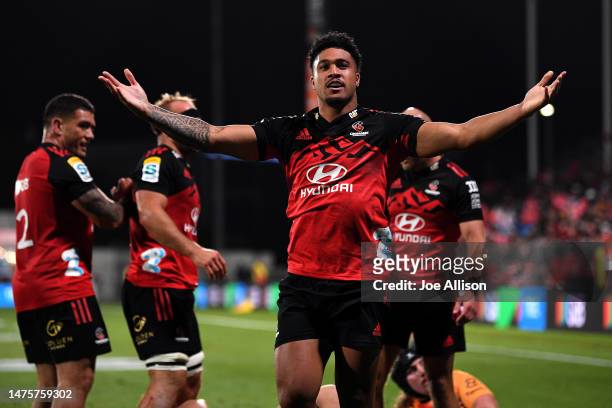 Leicester Fainga'anuku of the Crusaders celebrates after scoring a try during the round five Super Rugby Pacific match between Crusaders and ACT...