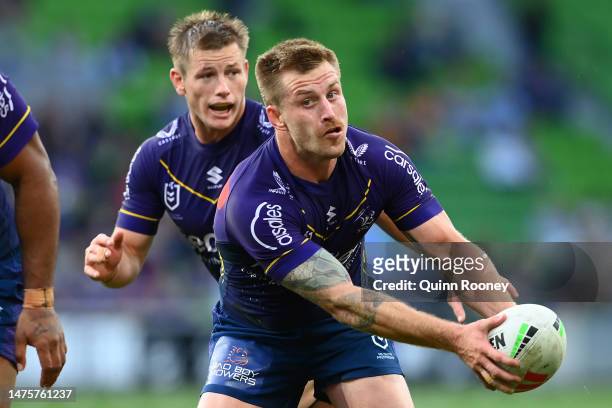 Cameron Munster of the Storm runs the ball during the round four NRL match between the Melbourne Storm and Wests Tigers at AAMI Park on March 24,...