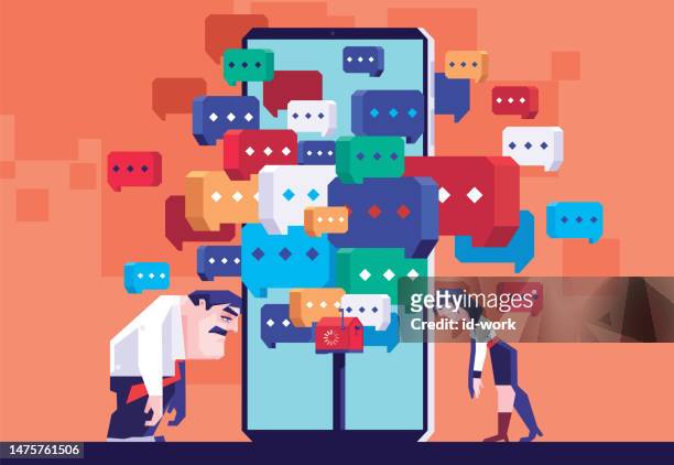 couple leaning on smartphone with heap of speech bubbles and mailbox - excess data stock illustrations