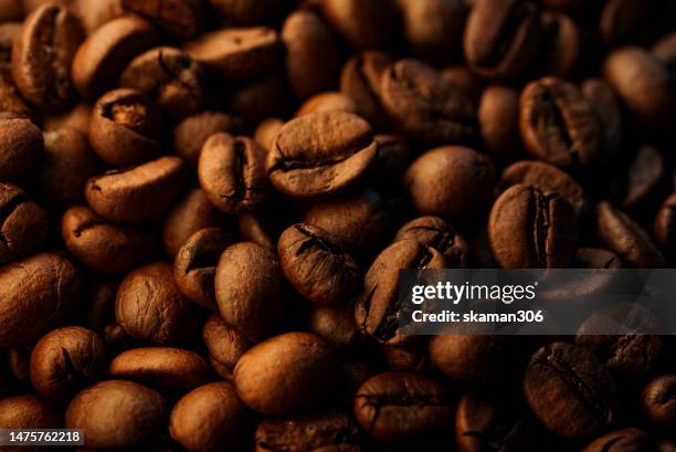 close up roasted coffee  beans with dramatic light and copy space - biomedical animation stock pictures, royalty-free photos & images