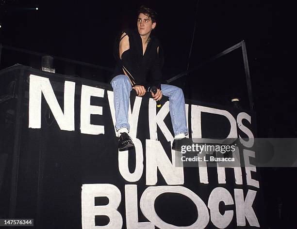 American vocalist Jonathan Knight, of the group New Kids on the Block, poses for photographs, New York, New York, circa 1990.