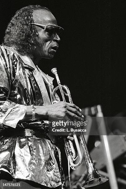American musician Miles Davis performs in concert, New York, New York, circa 1987.
