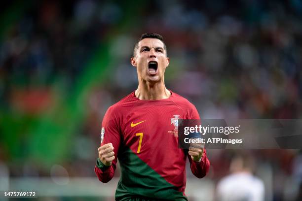 Cristiano Ronaldo of Portugal celebrate during the UEFA EURO 2024 qualifying round group J match between Portugal and Liechtenstein at Estadio Jose...