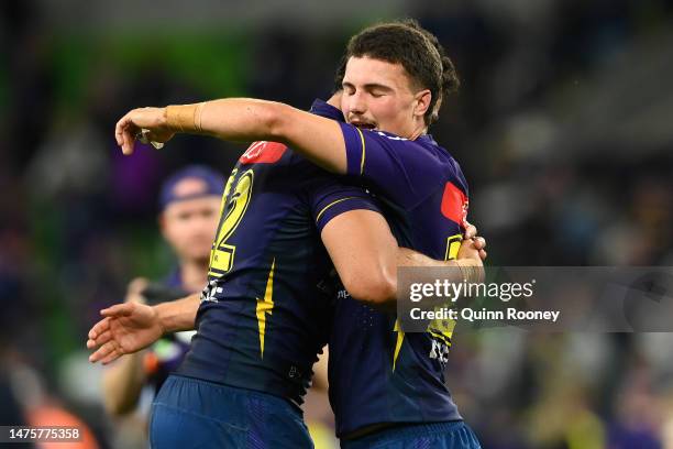 Jonah Pezet of the Storm and Eliesa Katoa of the Storm celebrate winning the round four NRL match between the Melbourne Storm and Wests Tigers at...