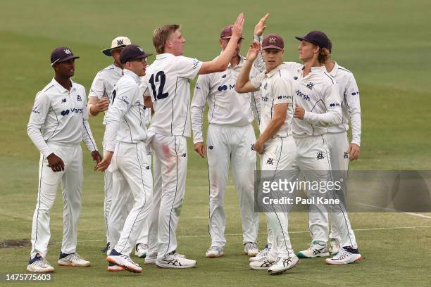 Will Sutherland of Victoria celebrates the wicket of Aaron Hardie of Western Australia during the Sheffield Shield Final match between Western...