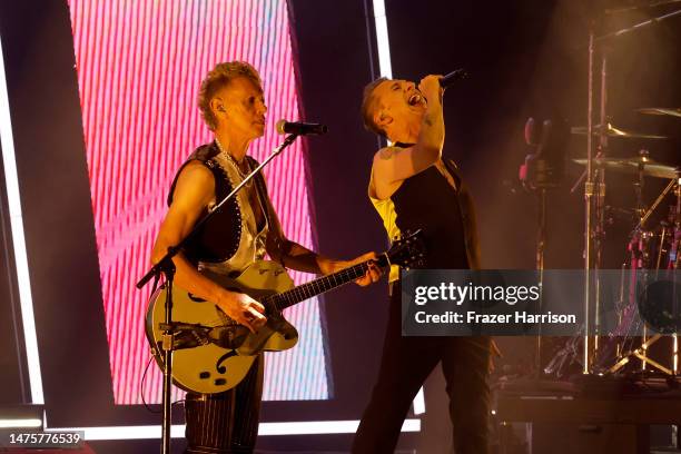 Martin Gore and Dave Gahan of Depeche Mode perform onstage during the "Memento Mori" World Tour opener at Golden 1 Center on March 23, 2023 in...